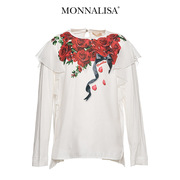monnalisa童装儿童女童洋气，褶皱装饰玫瑰印花长袖，洋气人造棉衬衫