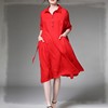 夏大码潮女装polo领红色棉麻有口袋遮肚衬衫裙休闲宽松显瘦连衣裙