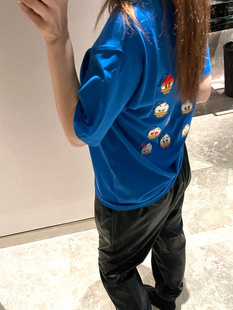 韩国2024夏季女装显瘦常规版，宽松宝蓝色刺绣卡通短袖t恤