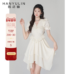韩语琳白色V领连衣裙女夏季高腰不规则短裙2023雪纺蕾丝裙子