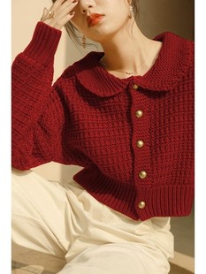 圣诞红色短款娃娃领针织，开衫女秋冬新年红复古慵懒风毛衣外套上衣