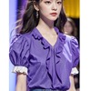 夏季短袖紫色雪纺拼接时尚，花边袖口荷叶，边甜美衬衫上衣