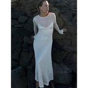 纯色长袖针织镂空罩衫连衣长裙 Solid knitted cutout maxi dress