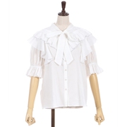ax优雅甜美蝴蝶结半袖白色黑色衬衫，荷叶边蕾丝上衣，日本原单女装(单女装)