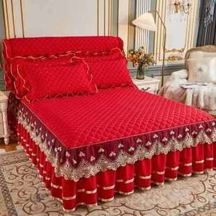 韩式公主夹棉结婚床裙式四件套蕾丝防滑大红床罩花边被套四季床品