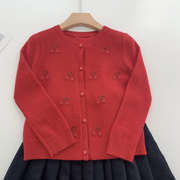 女童羊毛开衫外套秋冬季23女宝宝新年衣服，红色樱桃针织衫毛衣