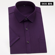 夏季薄款紫色短袖衬衫男青年，商务休闲职业职业装，纯色半袖衬衣修身