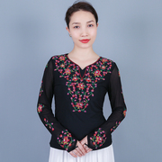 新疆舞蹈广场舞服装上衣长袖，女牛奶丝，民族维族舞台演出服表演修身