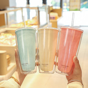 简约大容量纯色双层塑料杯家用公吸管杯夏季饮品咖啡杯水杯