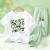 棉致童装女童夏季套装绿色，两件套运动休闲裤子短袖上衣儿童夏装潮