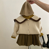 女童秋冬装海军领毛衣加厚娃娃领针织外套，打底衫百褶裙三件套