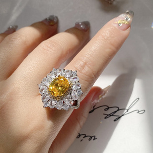 欧美复古奢华满钻黄水晶蓝宝石戒指气质个性夸张开口可调节食指环