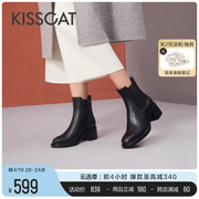 KISSCAT接吻猫2023冬季时尚加绒短靴粗跟真皮厚底切西尔靴女