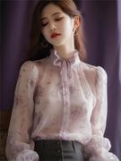 浅紫色蕾丝泡泡袖雪纺衬衫女舒适潮流，法式漂亮独特别致小衫2024装