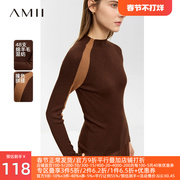 amii拼接撞色毛衣女2023冬季保暖修身打底衫半高领绵羊毛上衣