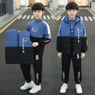 男童秋冬季三件套2023小孩，儿童加绒套装卫衣童装加厚秋装衣服