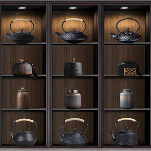 新中式博古架多宝阁复古禅意茶室，茶楼茶具茶壶茶叶罐，装饰艺术摆件