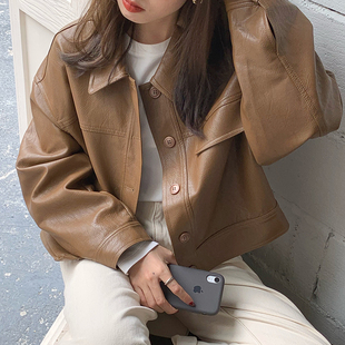 韩国chic秋季小众帅气翻领单排扣宽松休闲长袖机车服，皮衣短外套女
