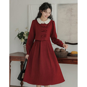 新中式连衣裙长袖酒红色小个子长裙，收腰秋冬季少女，日常红裙子