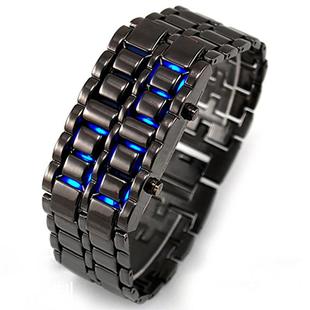熔岩钢带led手表创意学生，黑银红蓝led灯，男款金属合金手表