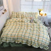 小清新绿色格子花边被罩四件套，床单床笠4学生宿舍三件套床上用品2