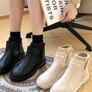 棉鞋女舒适平跟雪地靴女2021冬季韩版套脚学生保暖面包鞋防滑