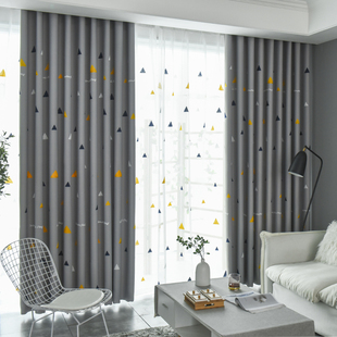 北欧ins风简约灰色几何，窗帘成品客厅卧室，遮光布定制窗帘2019
