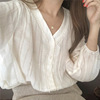 v领泡泡袖蕾丝，衫女韩版白色长袖衬衣，2022早秋衬衫