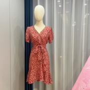 品牌撤柜孤品红色印花雪纺连衣裙手工串珠修身裹身裙女人法式