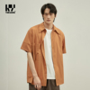 tokuhon短袖衬衫男士尖领原创设计夏季休闲宽松橘黄橙色衬衣外套