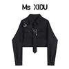Ms XIDU 甜酷黑色长袖工装衬衫女秋宽松设计感小众短款链条上衣潮