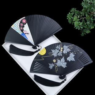全竹折扇镂空中国风古代汉服旗袍扇子日式女式黑色小折叠扇舞蹈扇
