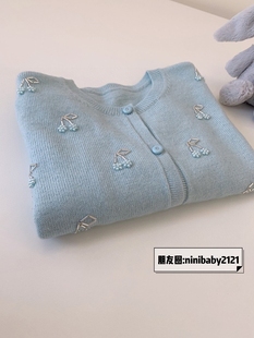 秋冬BP儿童女童法式冰蓝樱桃羊绒羊毛混纺串珠针织开衫毛衣