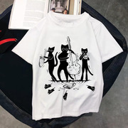 cute black cat Tee卡通可爱黑猫显白字母宽松显瘦打底衫女