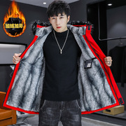冬季加绒外套男士2023潮流韩版青少年，风衣中长款加厚棉服冬装