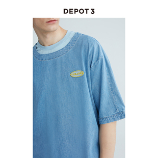 DEPOT3 男装T恤 日本进口丹宁牛仔面料水洗浅蓝色宽松套头短袖T恤