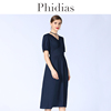 Phidias纯色V领套头中长款连衣裙2023年春夏大码女装短袖裙子