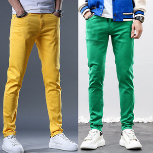 春季男士亮黄色牛仔裤彩色，韩版修身小脚，绿色弹力刺绣休闲长裤子潮