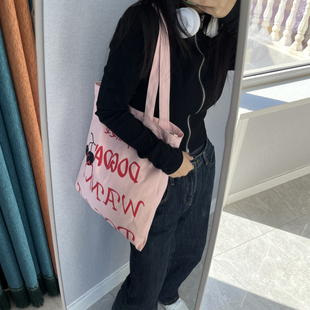 韩国ins女学生粉色单肩包大容量，托特包百搭通勤手提袋，百搭帆布包
