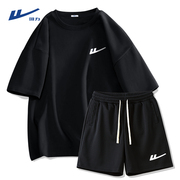 回力运动套装男夏季纯棉，重磅黑色短袖短裤2024品牌两件套男士