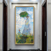 莫奈手绘油画玄关装饰画客厅大尺寸挂画别墅卧室壁画撑阳伞的女人