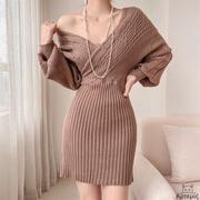 针织连衣裙V领麻花中长款毛衣包臀裙Women V-neck knitted dress