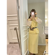 韩国针织套装浣熊绒高领无袖背心+松紧腰长裙两件套套装女嫩黄色