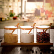 创意陶瓷厨房用品调味罐，抽屉式竹木架玻璃调料罐调味瓶盐罐