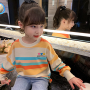 女童t恤洋气女孩，春秋卫衣圆领条纹长袖衫，2024韩版中大童上衣