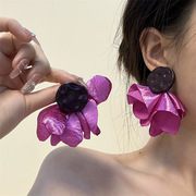 新娘耳环紫色布艺花朵个性夸张耳饰耳钉结婚婚纱耳坠