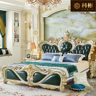 欧式真皮床 美式奢华卧室实木雕花公主香槟金双人皮床主卧2米婚床
