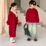 儿童毛衣秋冬季男童红毛线衣女童长款红色针织毛衣裙年服兄妹装潮