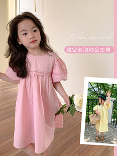 女童夏季连衣裙韩版纯色，蕾丝镂空公主裙儿童宝宝，甜美泡泡袖长裙子