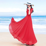 大红色雪纺连衣裙2023气质显瘦长款大摆波西米亚沙滩长裙女夏